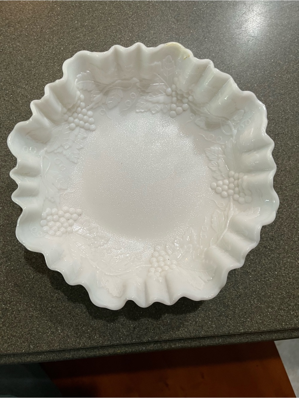 Classic White Ruffled Milk Glass Serving Bowl with Grape leaf pattern